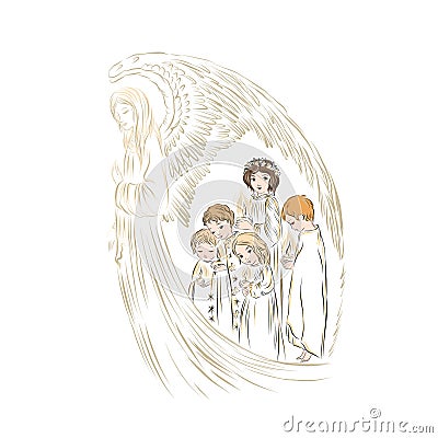 Guardian angel with children prays. Vector Illustration